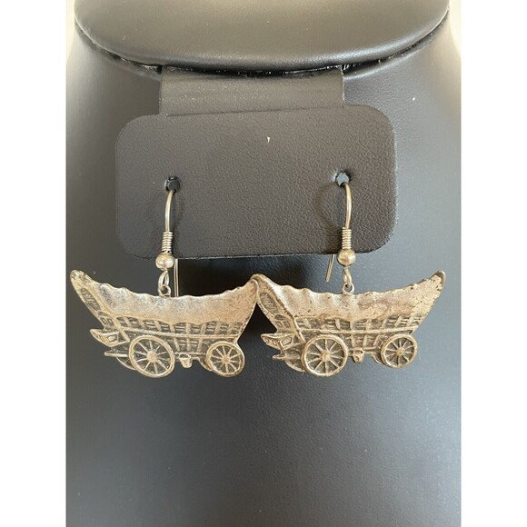 Covered Wagon Dangle Earrings Silver Tone Western Oregon Trail Wild West - Picture 1 of 5